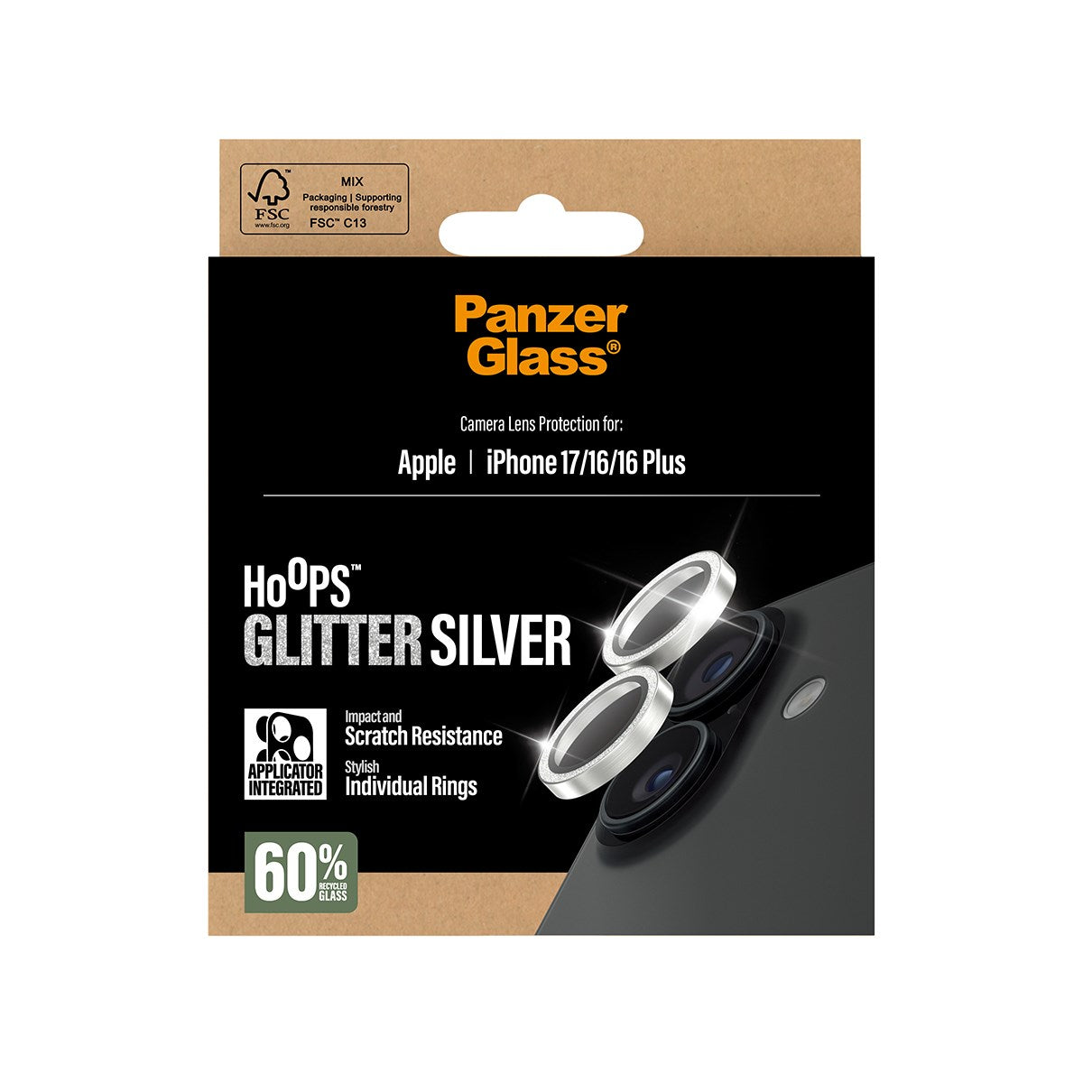 PanzerGlass® Hoops® Glitter Silber Kameraschutz iPhone 17 | iPhone 16 | 16 Plus